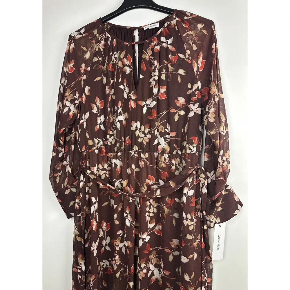 NWT Calvin Klein Floral Keyhole Maxi Dress Size 14 Burgundy Boho Peasant Folk - Picture 4 of 12